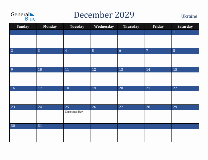 December 2029 Ukraine Calendar (Sunday Start)