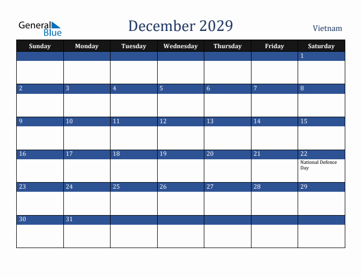 December 2029 Vietnam Calendar (Sunday Start)
