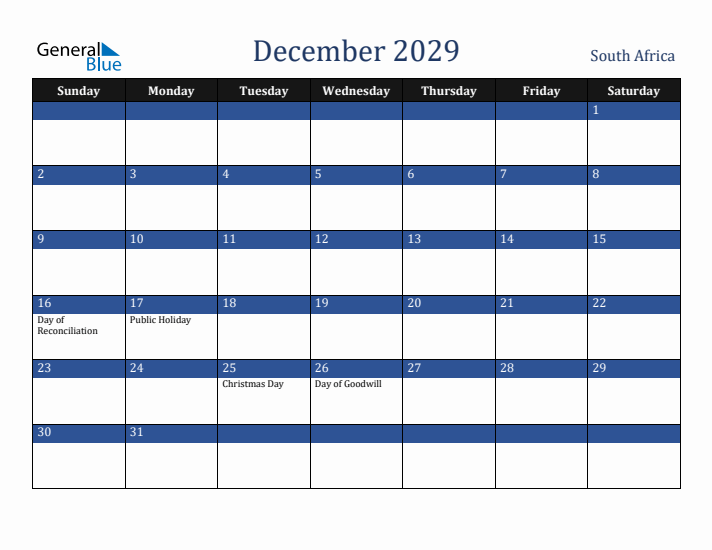 December 2029 South Africa Calendar (Sunday Start)