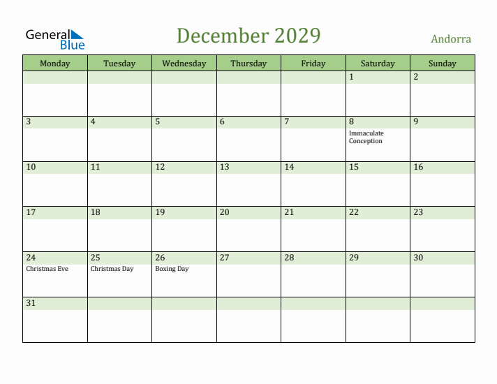 December 2029 Calendar with Andorra Holidays