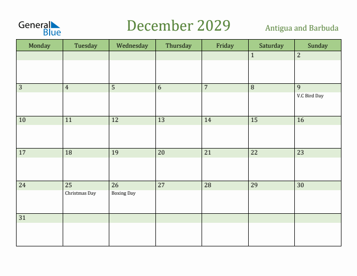 December 2029 Calendar with Antigua and Barbuda Holidays