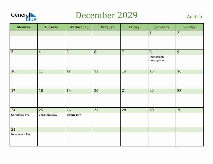 December 2029 Calendar with Austria Holidays