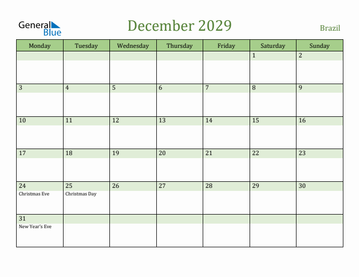 December 2029 Calendar with Brazil Holidays
