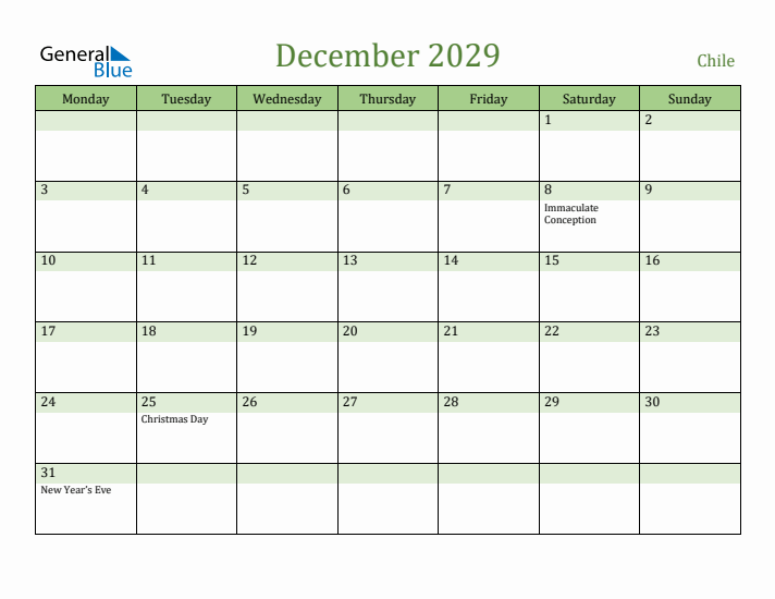 December 2029 Calendar with Chile Holidays