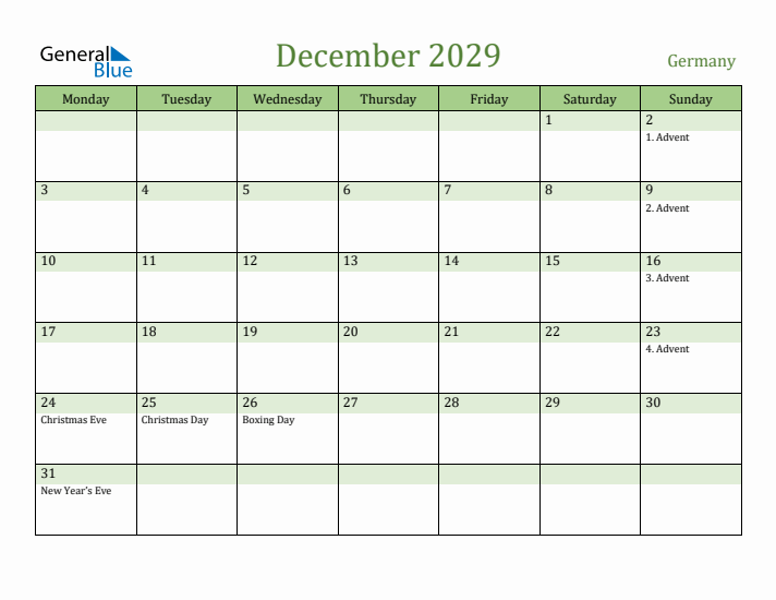 December 2029 Calendar with Germany Holidays