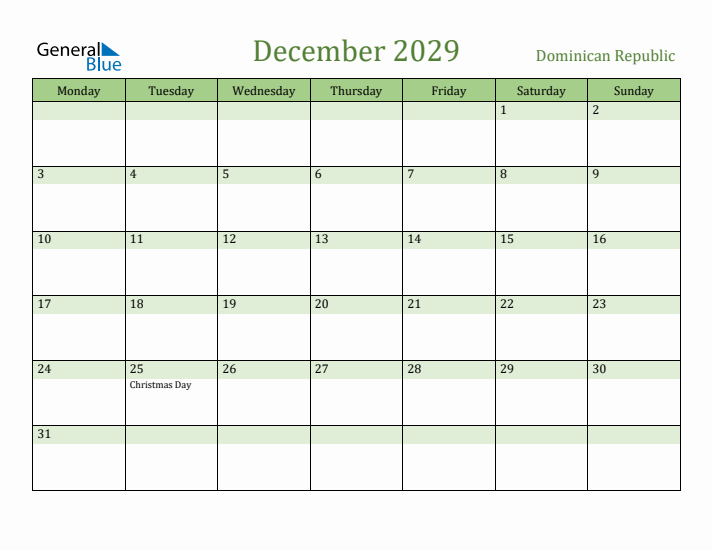December 2029 Calendar with Dominican Republic Holidays