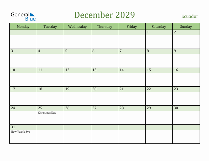 December 2029 Calendar with Ecuador Holidays