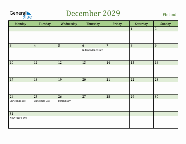 December 2029 Calendar with Finland Holidays