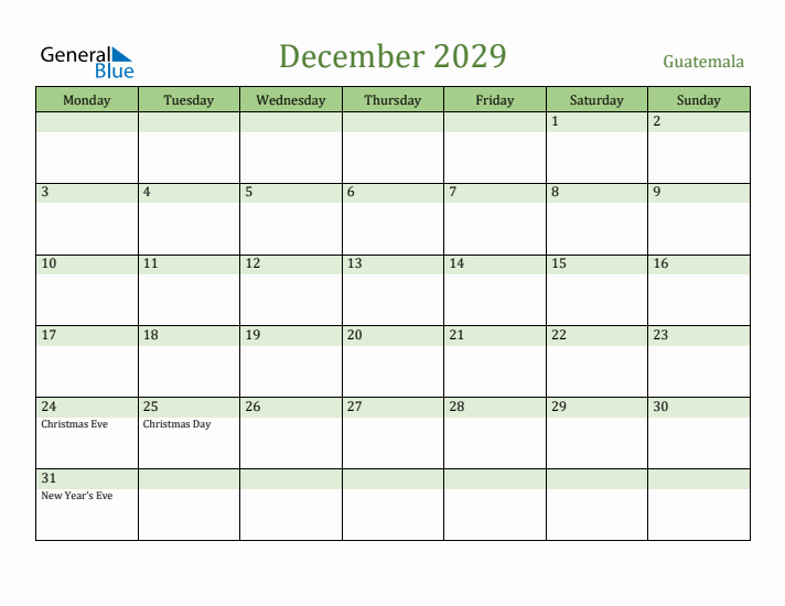 December 2029 Calendar with Guatemala Holidays