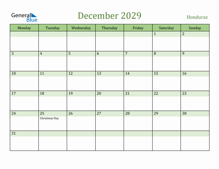 December 2029 Calendar with Honduras Holidays