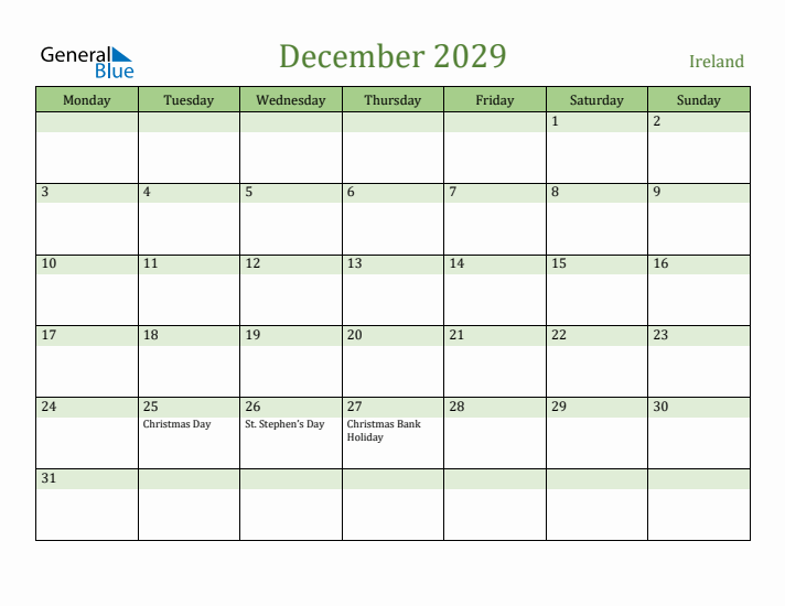 December 2029 Calendar with Ireland Holidays