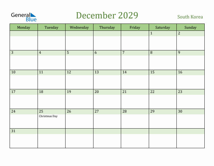 December 2029 Calendar with South Korea Holidays