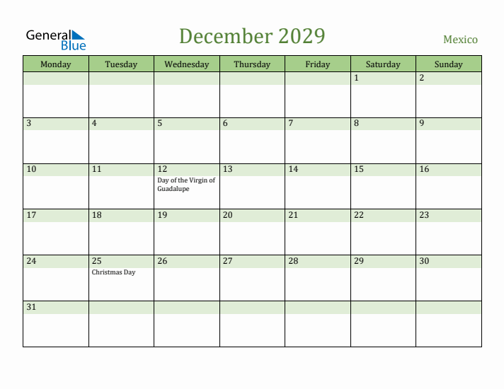 December 2029 Calendar with Mexico Holidays