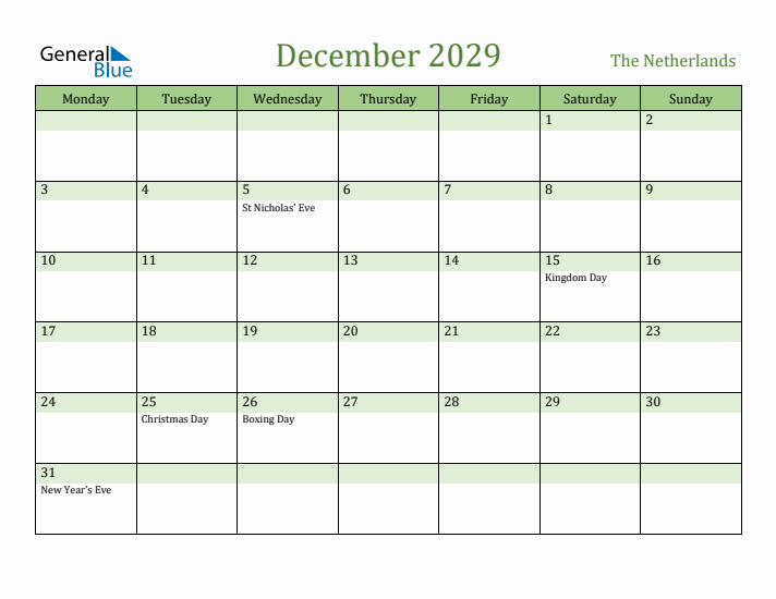 December 2029 Calendar with The Netherlands Holidays
