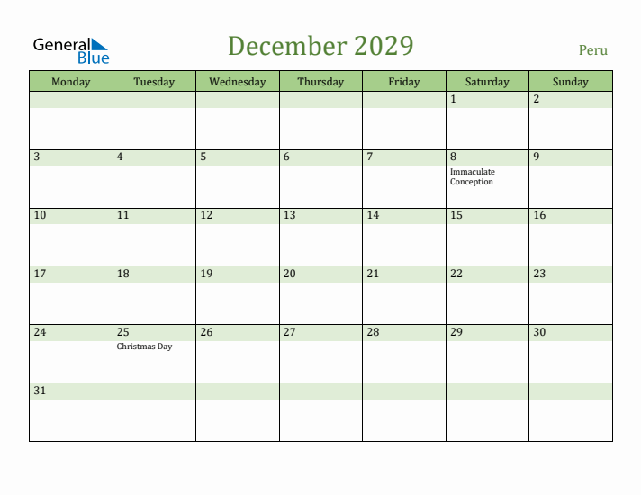 December 2029 Calendar with Peru Holidays