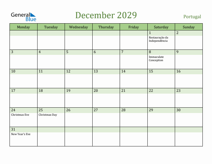 December 2029 Calendar with Portugal Holidays