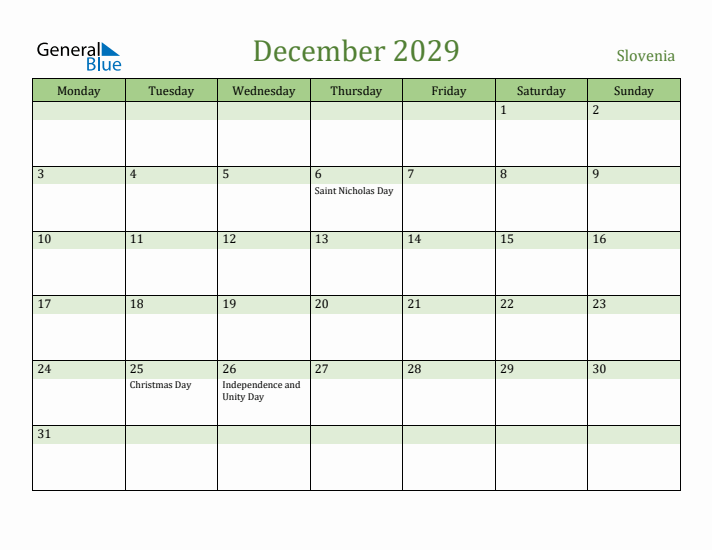 December 2029 Calendar with Slovenia Holidays
