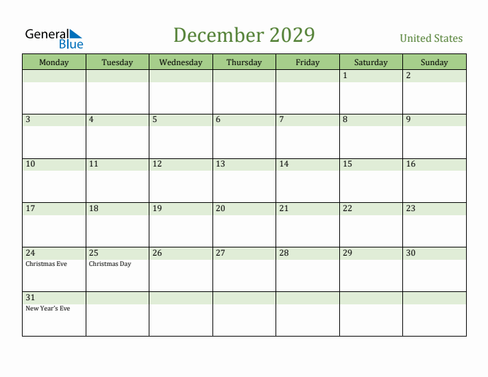 December 2029 Calendar with United States Holidays