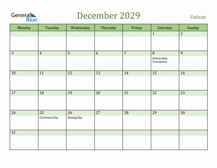 December 2029 Calendar with Vatican Holidays
