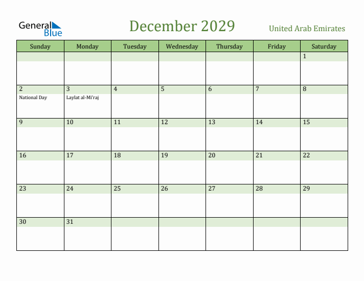 December 2029 Calendar with United Arab Emirates Holidays