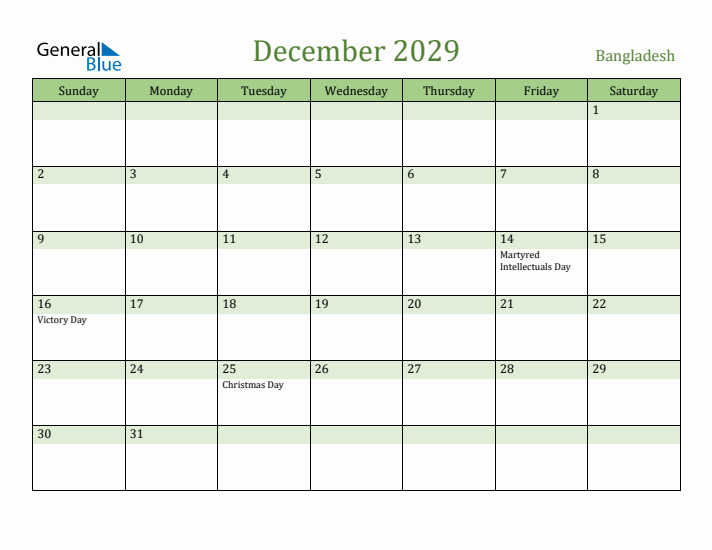 December 2029 Calendar with Bangladesh Holidays