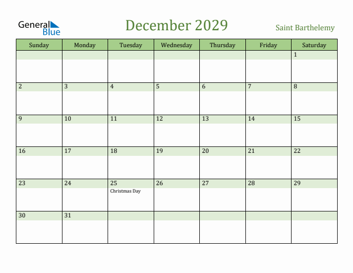 December 2029 Calendar with Saint Barthelemy Holidays