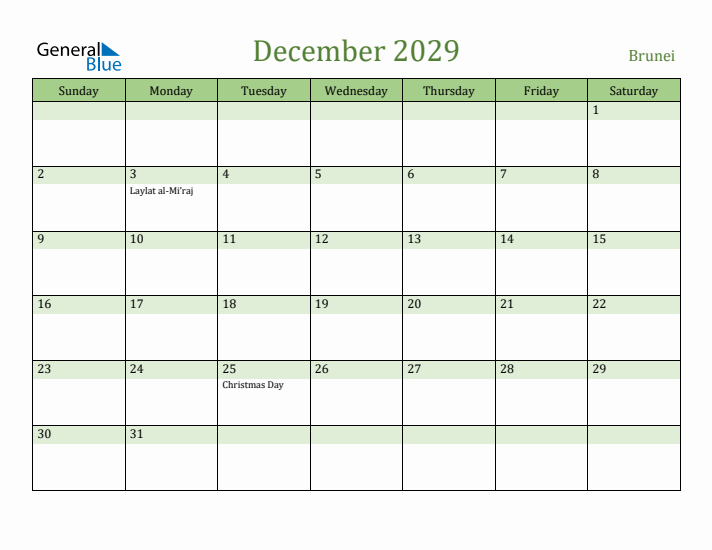 December 2029 Calendar with Brunei Holidays