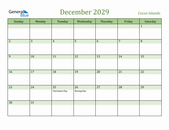 December 2029 Calendar with Cocos Islands Holidays