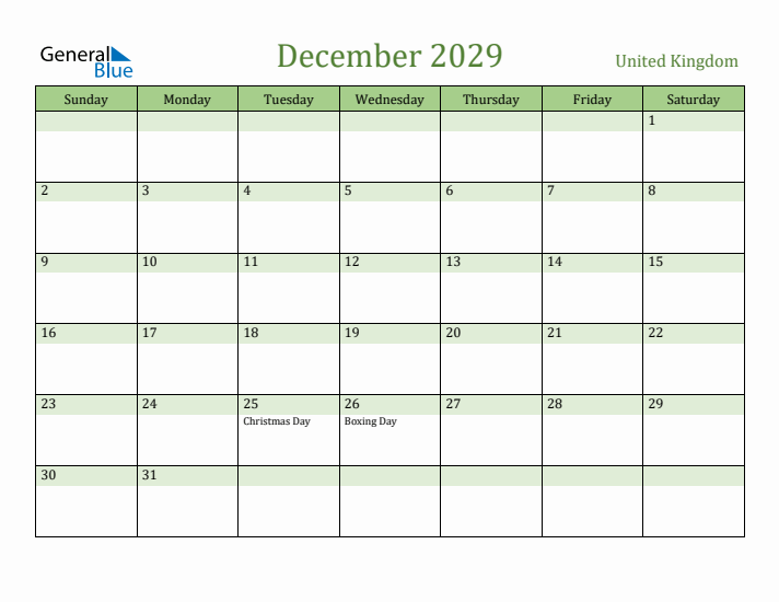 December 2029 Calendar with United Kingdom Holidays