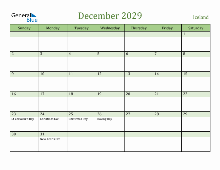 December 2029 Calendar with Iceland Holidays