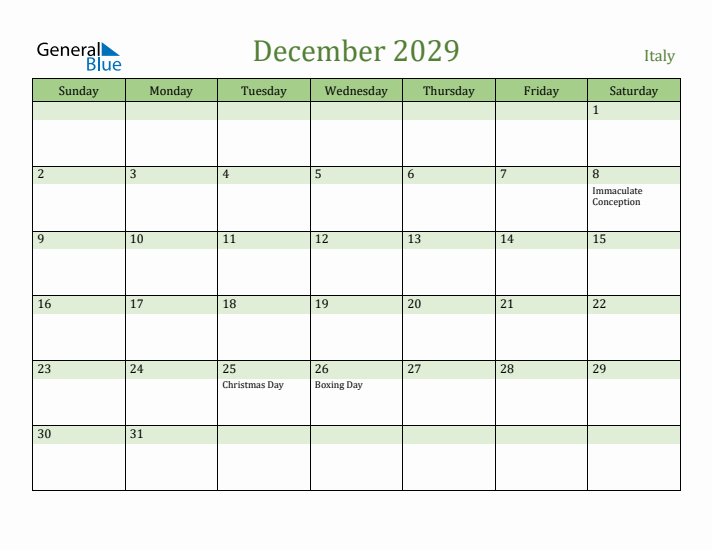 December 2029 Calendar with Italy Holidays