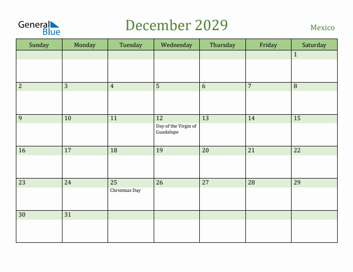 December 2029 Calendar with Mexico Holidays