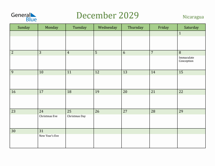 December 2029 Calendar with Nicaragua Holidays