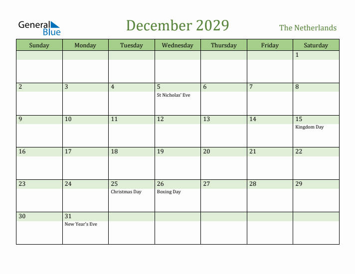 December 2029 Calendar with The Netherlands Holidays