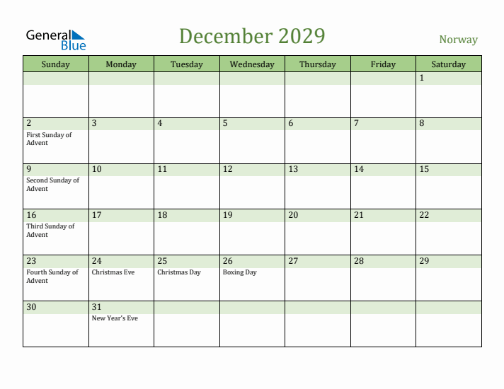 December 2029 Calendar with Norway Holidays