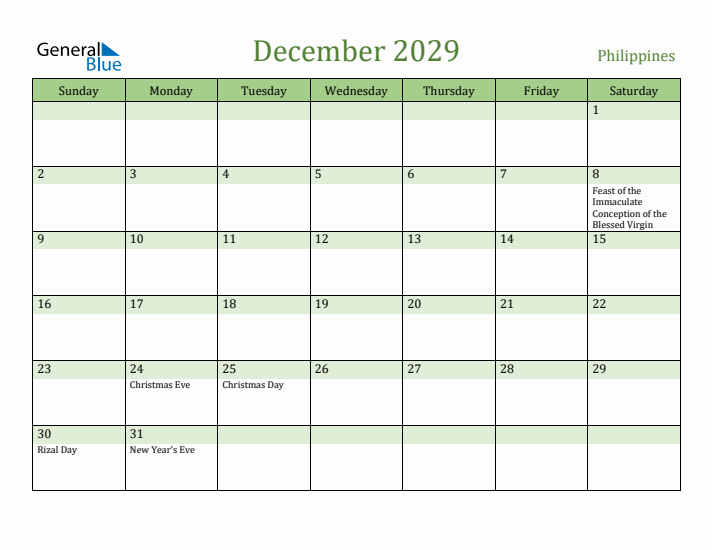 December 2029 Calendar with Philippines Holidays