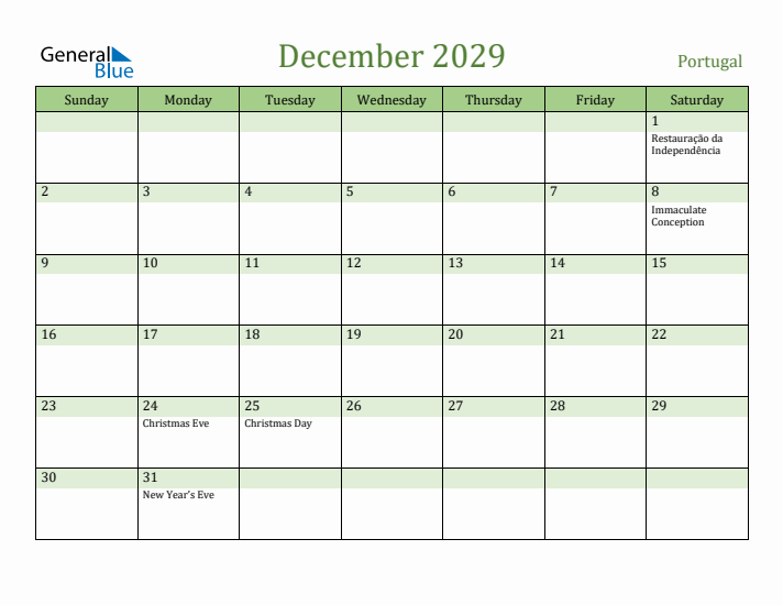 December 2029 Calendar with Portugal Holidays
