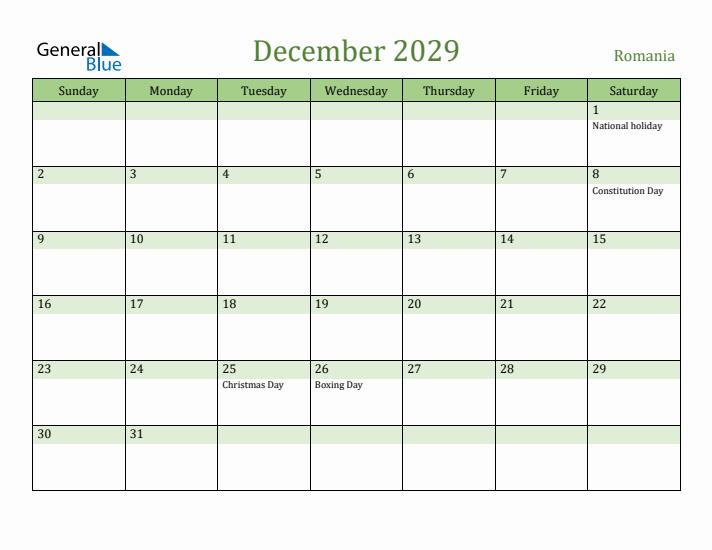 December 2029 Calendar with Romania Holidays