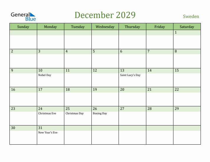 December 2029 Calendar with Sweden Holidays