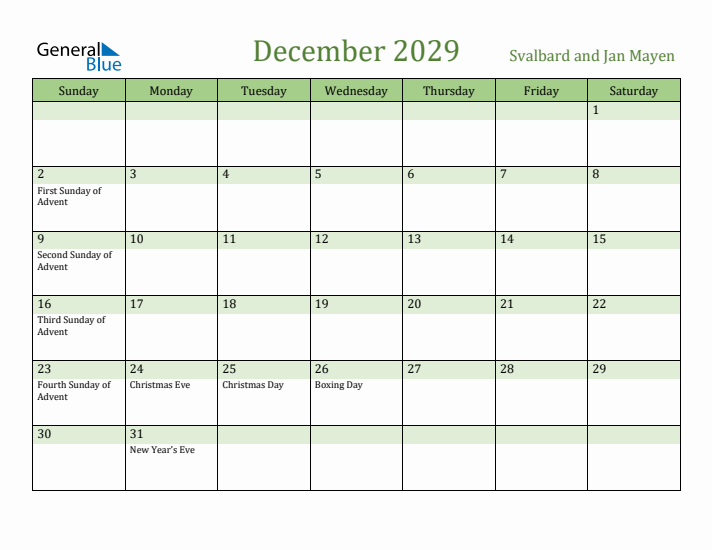 December 2029 Calendar with Svalbard and Jan Mayen Holidays
