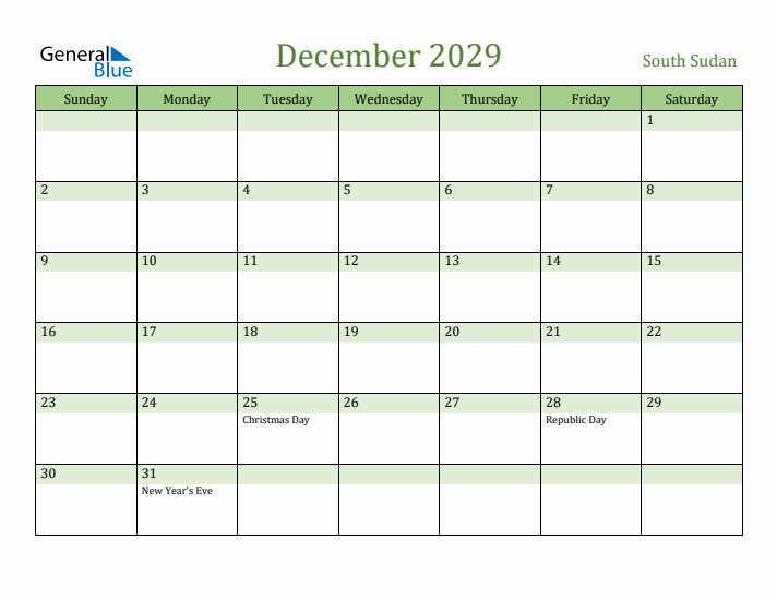 December 2029 Calendar with South Sudan Holidays