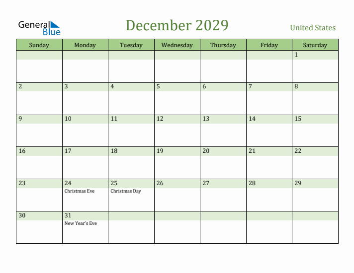 December 2029 Calendar with United States Holidays