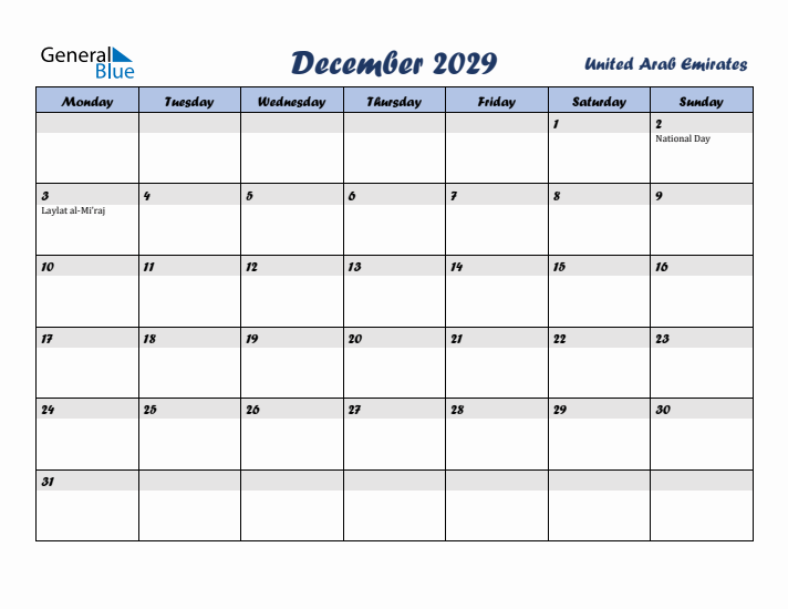 December 2029 Calendar with Holidays in United Arab Emirates