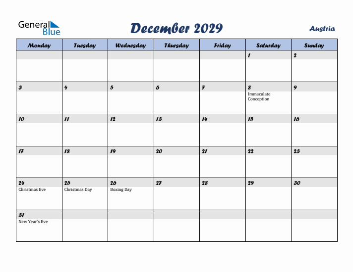 December 2029 Calendar with Holidays in Austria