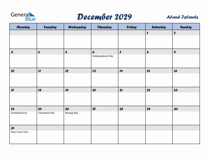 December 2029 Calendar with Holidays in Aland Islands
