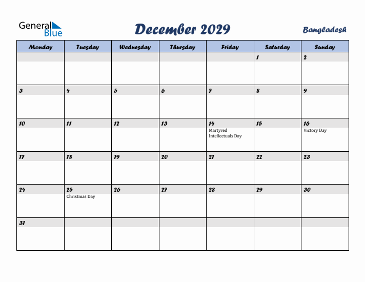 December 2029 Calendar with Holidays in Bangladesh