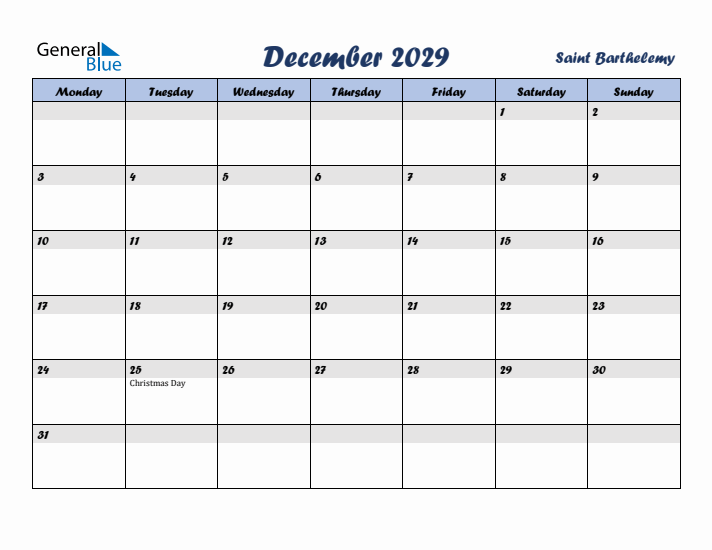 December 2029 Calendar with Holidays in Saint Barthelemy
