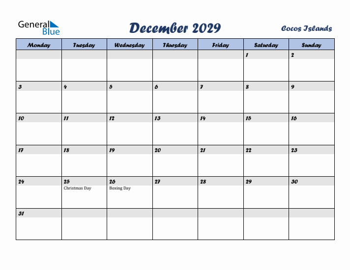 December 2029 Calendar with Holidays in Cocos Islands