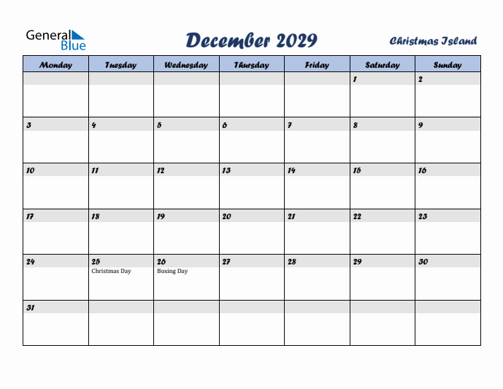 December 2029 Calendar with Holidays in Christmas Island