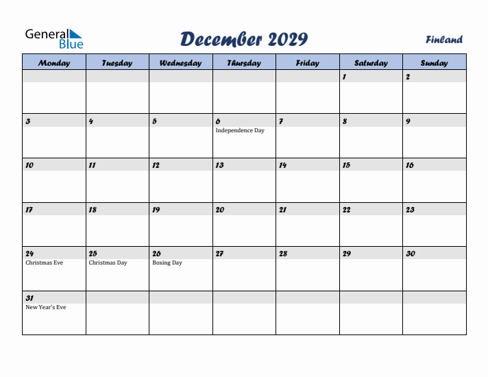 December 2029 Calendar with Holidays in Finland
